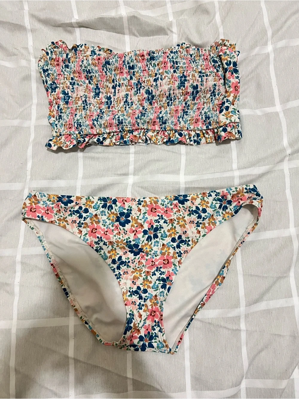 Smocked Floral Bandeau Bikini Set - Pink & Blue